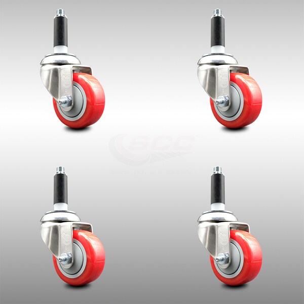 Service Caster 3 Inch 316SS Red Polyurethane Swivel 3/4 Inch Expanding Stem Caster Set SCC SCC-SS316EX20S314-PPUB-RED-34-4 - main